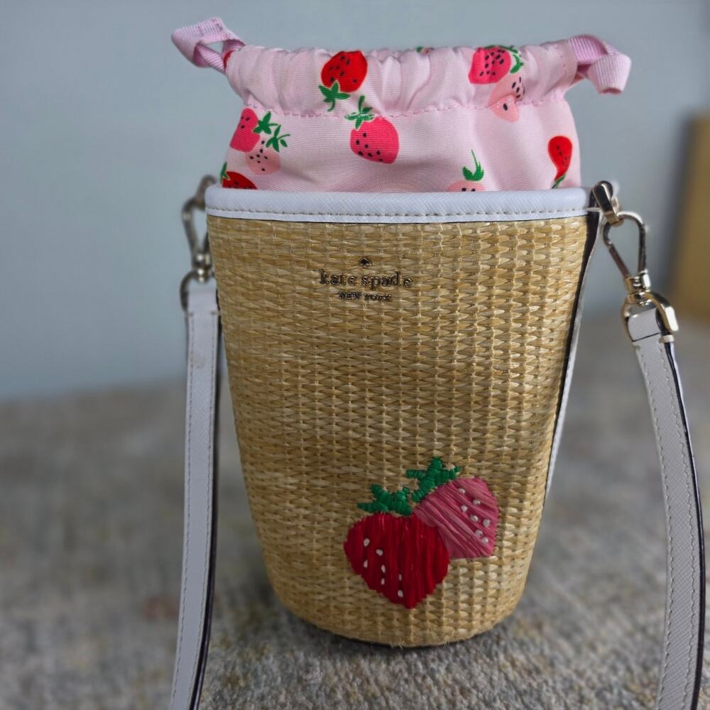 Kate Spade New York Straw Strawberry Water Bottle Holder Crossbody Bag